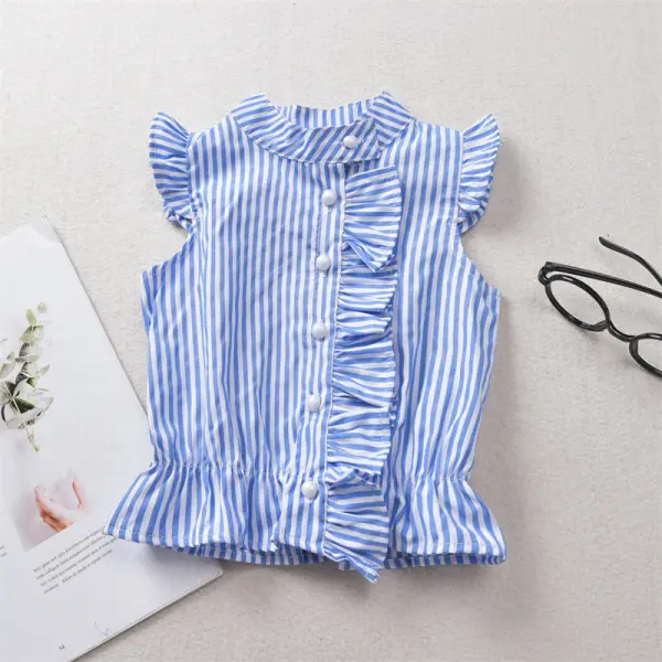 【12M-5Y】Girls Blue And White Striped Ruffled Flying Sleeve Shirt - Popopiestyle.com 