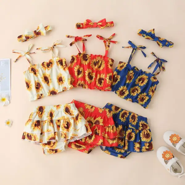 【6M-3Y】Girls Suspenders Sunflower Print Top Skirt Shorts Three-piece Suit - Popopiestyle.com 