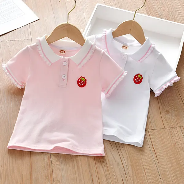 【18M-7Y】Girls Strawberry Casual Lapel Short Sleeve T-shirt - Popopiestyle.com 