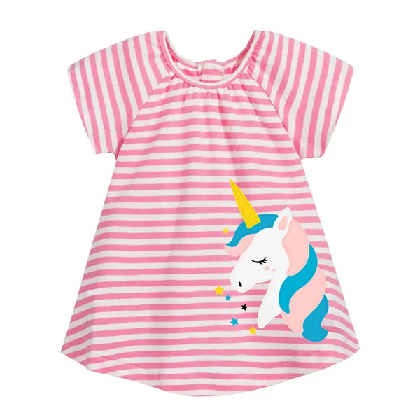 【18M-9Y】Girls Round Neck Short Sleeve Cartoon Embroidered Striped Dress - Popopiestyle.com 