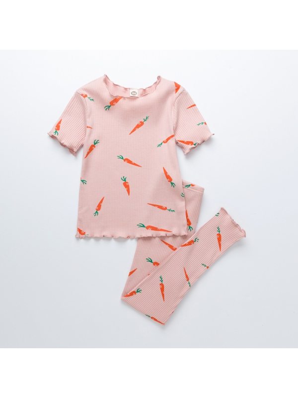【18M-7Y】Girls Printed Carrot Pit Striped Short Sleeve Top and Trousers Two-Piece Set