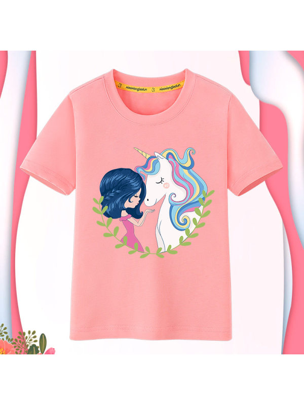 【18M-11Y】Girls Princess And Unicorn Trend Print Short Sleeve T-shirt