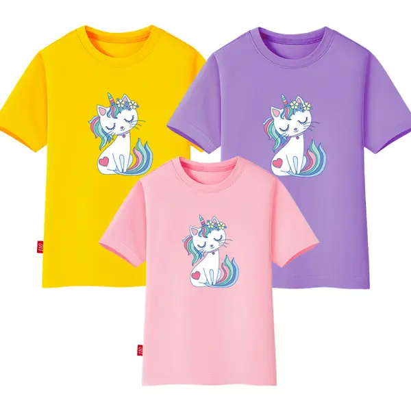 Girls Unicorn Cartoon Print Short Sleeve T-shirt - Popopiestyle.com 