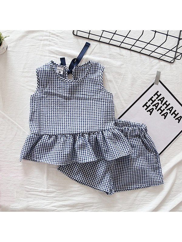 【12M-9Y】Girls' Plaid Tank Top And Shorts Two-piece Ruffle Suit - 3469