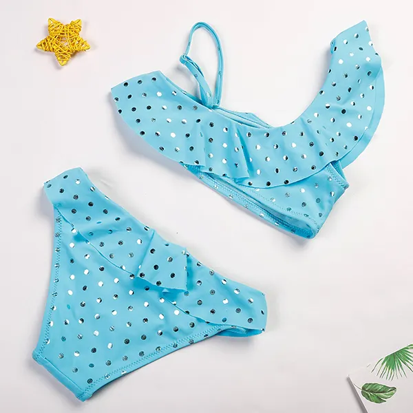 【2Y-9Y】Girls Ruffled Polka Dot Bikini Split Swimsuit - Popopiestyle.com 
