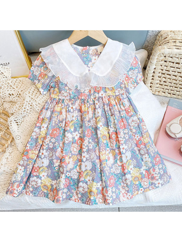 【18M-7Y】Girls Sweet Floral Lapel Short Sleeve Dress