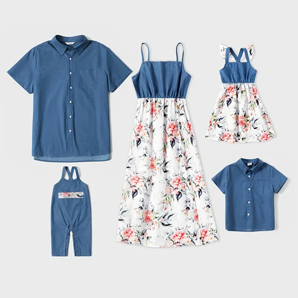 Flower Print Denim Stitching Family Matching Outfits - Popopiestyle.com 