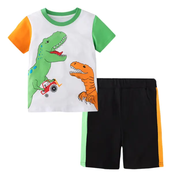 【18M-9Y】Boy's Color Contrast Stitching Cartoon Print Short-sleeved Short Sleeve Two-piece Shorts - Popopiestyle.com 