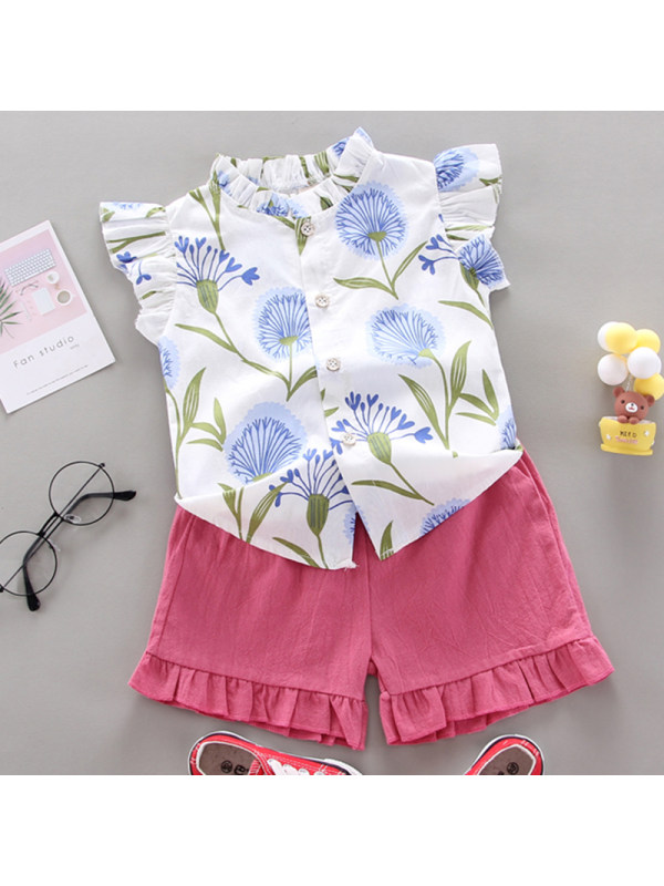 【12M-4Y】Girl Sweet Flower Sleeveless Shirt Shorts Set