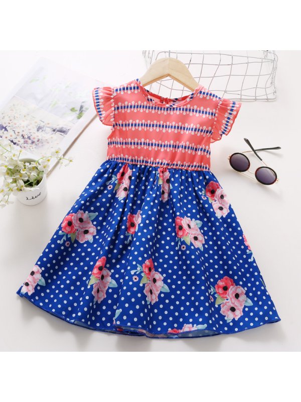 【18M-7Y】Girl Sweet Blue Flower Polka Dot Short Sleeve Dress