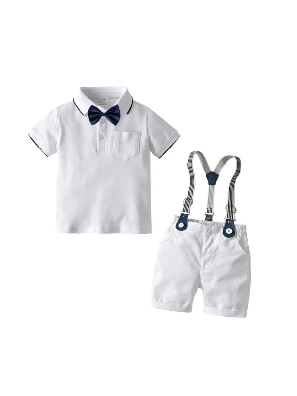 【12M-5Y】Boys Bow Tie Cotton Short-sleeved Polo Shirt And Shorts Four-piece Suit