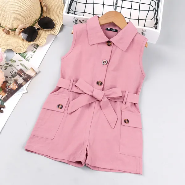 【18M-7Y】Girl's Lapel Sleeveless Single-breasted Jumpsuit - Popopiestyle.com 