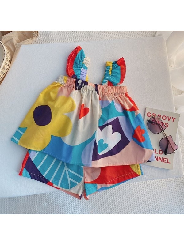 【12M-7Y】Girls' Color Block Print Suspender Top With Shorts Suit