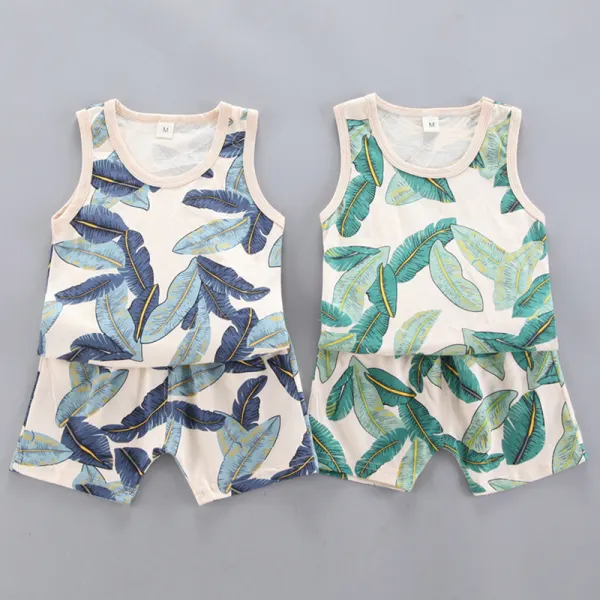 【12M-4Y】Boys Casual Leaf Pattern Vest Shorts Set - Popopiestyle.com 