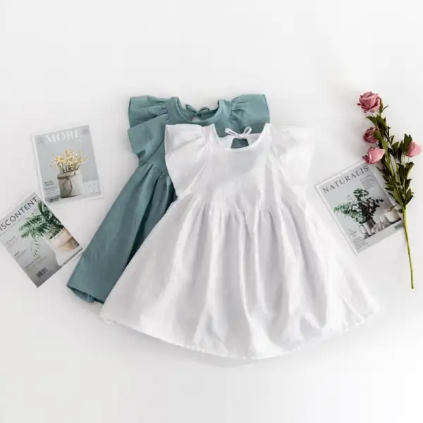 【12M-5Y】Girls Solid Color Flying Sleeve Round Neck Dress - Popopiestyle.com 