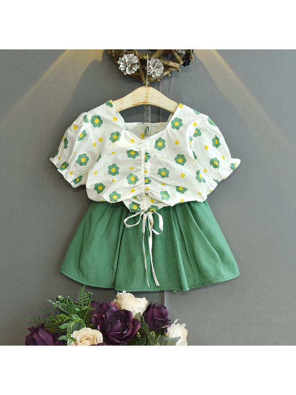 【18M-7Y】Girls Floral Print Drawstring Short-sleeved Top Skirt Suit - 3479