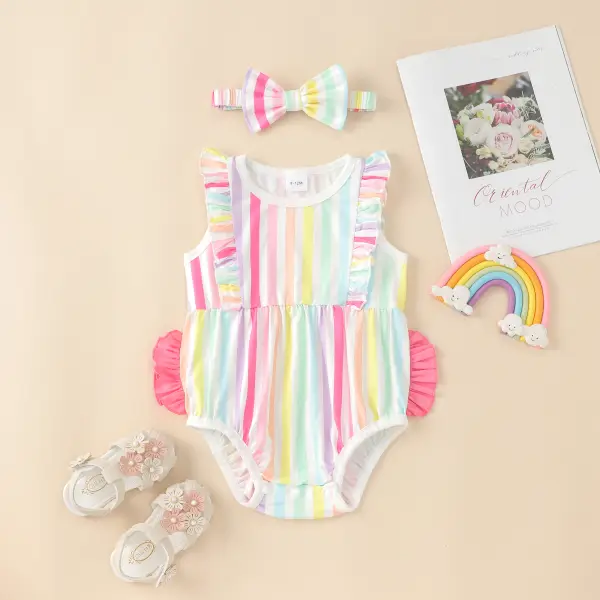 【6M-24M】Baby Summer Flying Sleeve Rainbow Striped Triangle Romper with Hair Band - Popopiestyle.com 