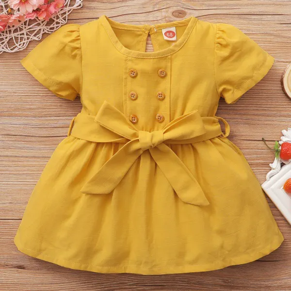 【6M-2.5Y】Cute Round Neck Puff Sleeve Yellow Dress - Popopiestyle.com 