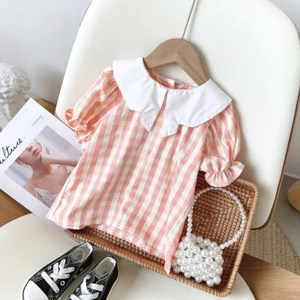 【18M-7Y】Girls Classic Sweet Plaid Lapel Short Sleeve Top - Popopiestyle.com 