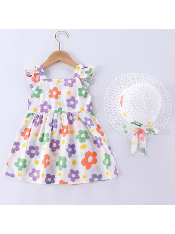 【12M-5Y】Girl Sweet Floral Sleeveless Dress with Hat
