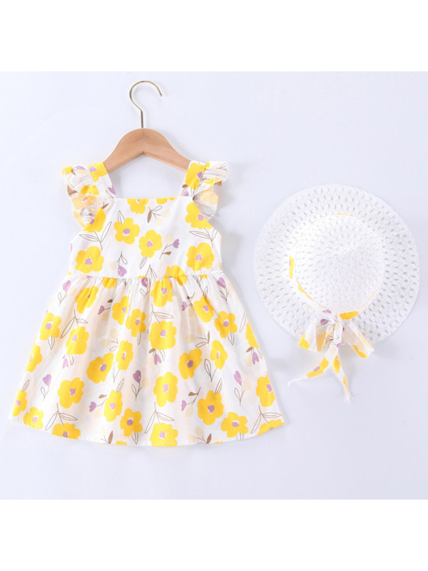 【12M-5Y】Girl Sweet Floral Sleeveless Dress with Hat