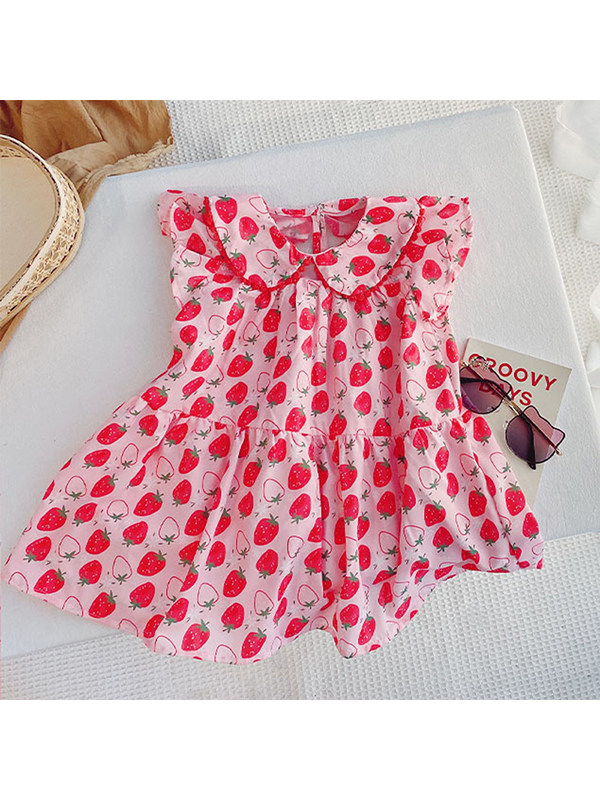 【12M-7Y】Girls Doll Collar Sleeveless Strawberry Printed Dress