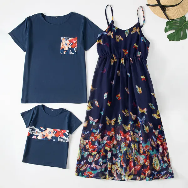 Casual Blue T-shirt and Butterfly Print Dress Family Matching - Popopiestyle.com 