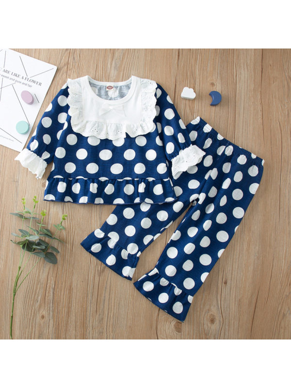 【18M-7Y】Girls Polka Dot Lace Stitching Long-Sleeved Top And Trousers Suit