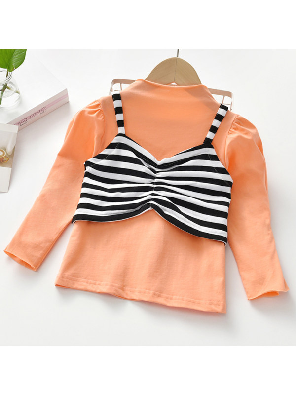 【18M-7Y】Girl Sweet Orange Striped Stitching Long-sleeved T-shirt