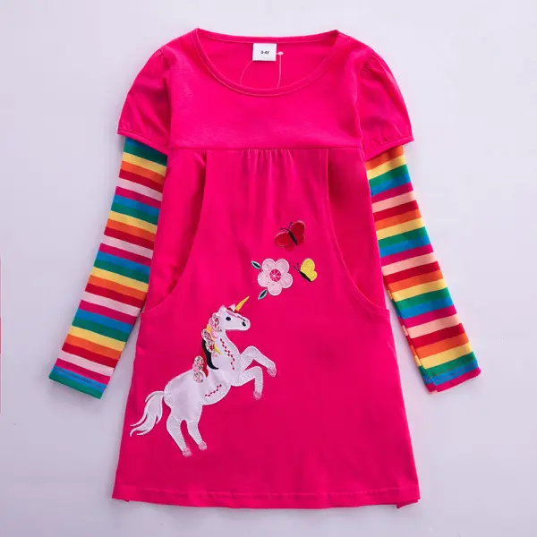 【3Y-8Y】Girl Sweet Rainbow Striped Unicorn Long Sleeve Dress - Popopiearab.com 