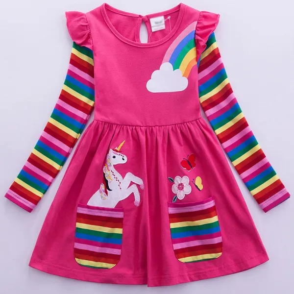 【3Y-8Y】Girl Sweet Rainbow Unicorn Pattern Long Sleeve Dress - Popopiearab.com 
