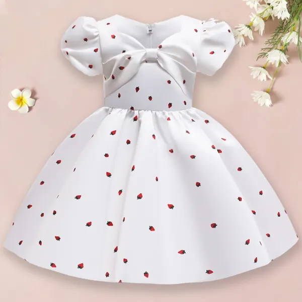 【2Y-10Y】Sweet Strawberry Print White Bow Dress - Popopiearab.com 