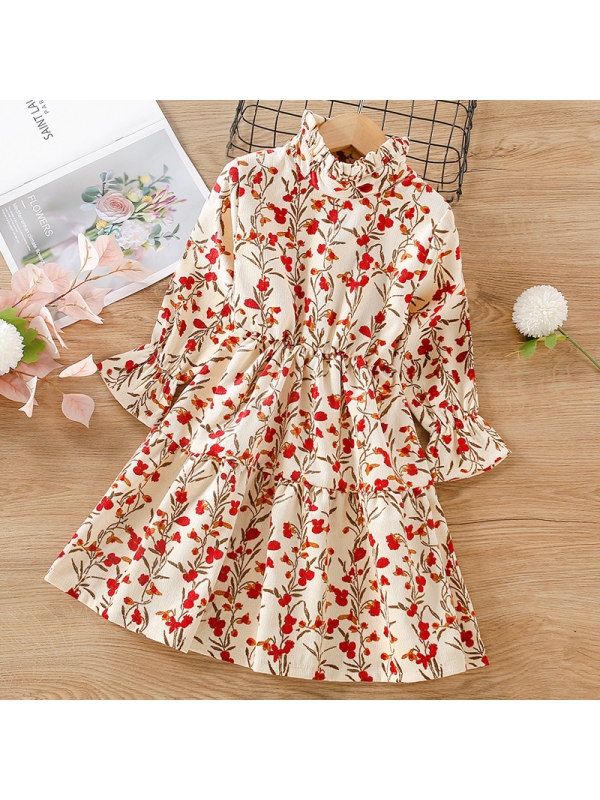 【18M-7Y】Girl Sweet Red Floral Long Sleeve Dress