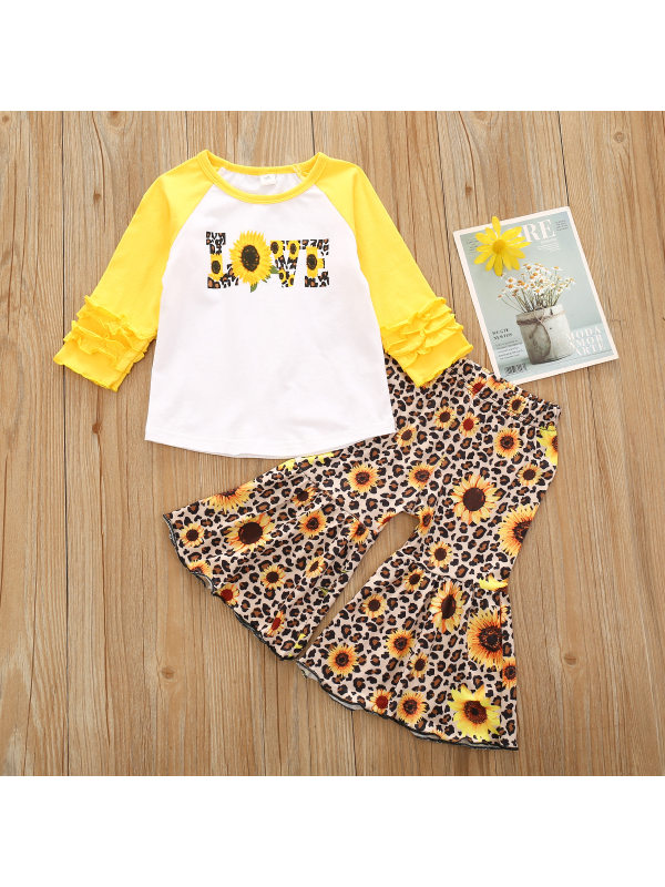 【18M-7Y】Girls Round Neck Letter Print Top With Sunflower Print Flared Pants Suit