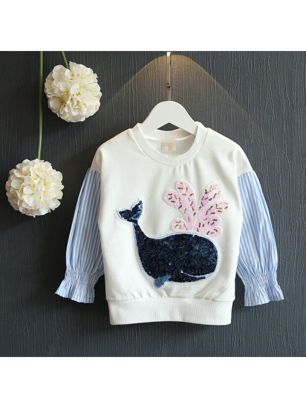 【18M-11Y】Girls Little Dolphin Sequin Stitching Long-sleeved Sweater