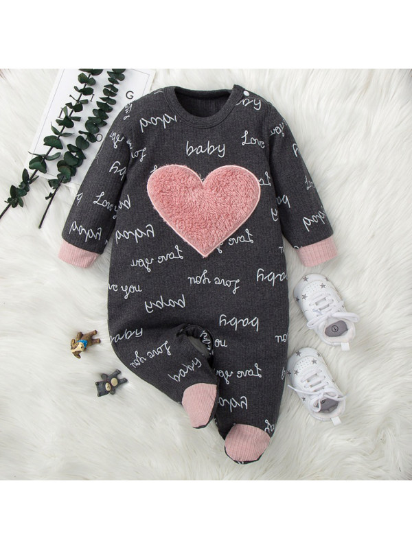 【0M-12M】Baby Cute Heart Shape Embroidered Letter Print Romper