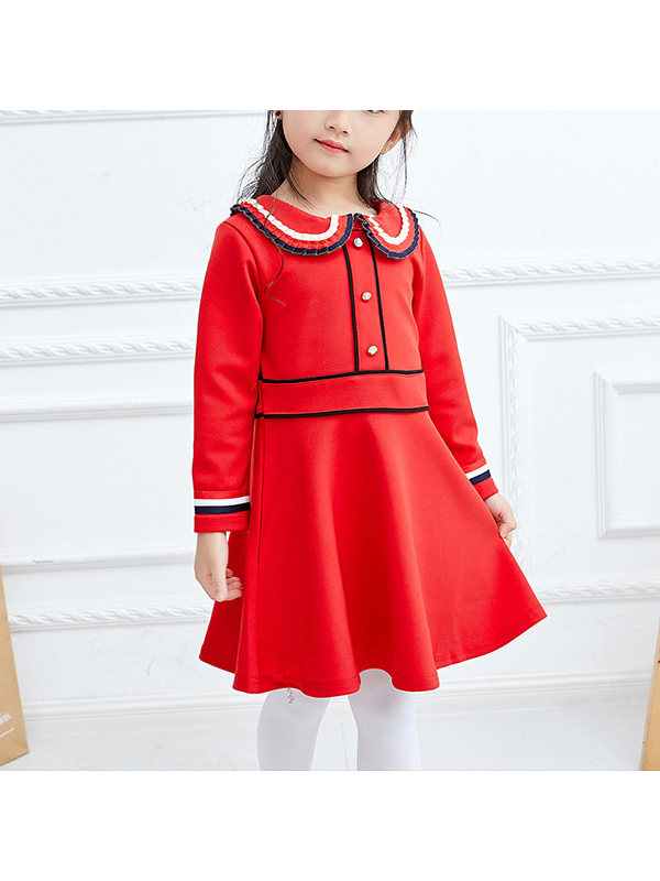 【18M-7Y】Girls Contrast Color Stitching Long-sleeved Dress