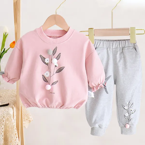 【12M-4Y】Girls Sweet Leaf Pattern Sweatshirt Pants Set - Popopiearab.com 