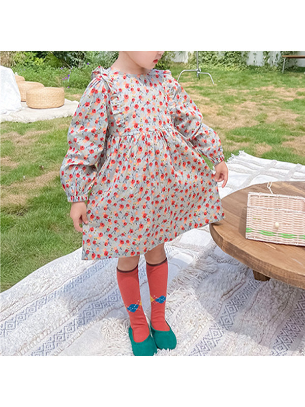 【12M-7Y】Girls Pastoral Style Back Bow Floral Dress