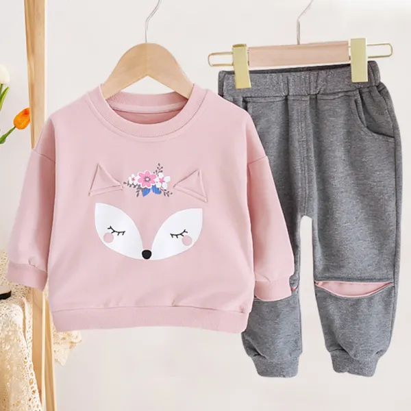 【12M-4Y】Girls Sweet Fox Pattern Sweatshirt Pants Set - Popopiearab.com 