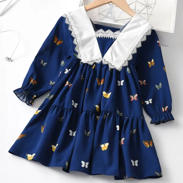 【18M-7Y】Girl's Sweet Navy Blue Butterfly Pattern Long-sleeved Dress - Popopiearab.com 
