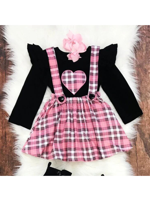 【18M-7Y】Girls Sweet Heart Shape Embroidery Pink Plaid Set