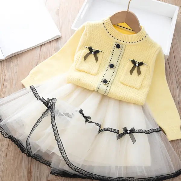【12M-7Y】Girl Sweater Cardigan Plus Net Yarn Tutu Skirt Set - Popopiearab.com 