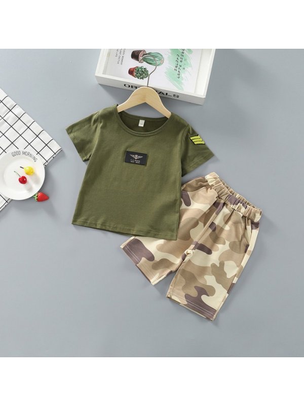 【18M-7Y】Boys Round Neck Short Sleeve Letter Print T-shirt And Camo Shorts Set