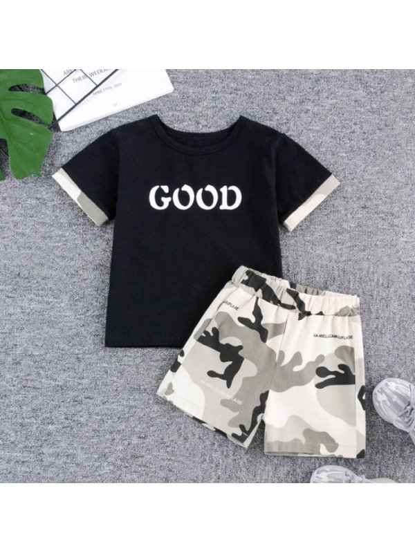 【18M-7Y】Boys Round Neck Short Sleeve Letter Print T-shirt And Camo Shorts Set