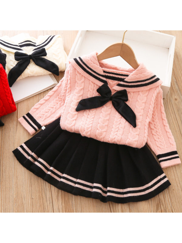 【12M-5Y】Girl Sweet Bow Sweater Pleated Skirt Set