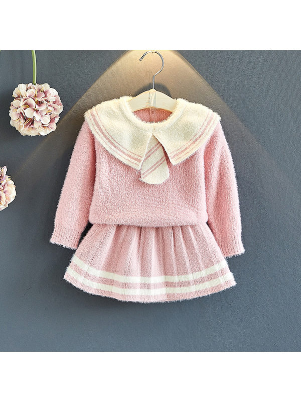 【18M-7Y】Girls Lapel Long Sleeve Tops And Half Skirt Sweater Set