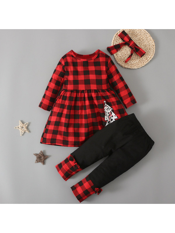 【12M-5Y】 Girl Sweet Red Plaid Long-sleeved T-shirt And Pants Set