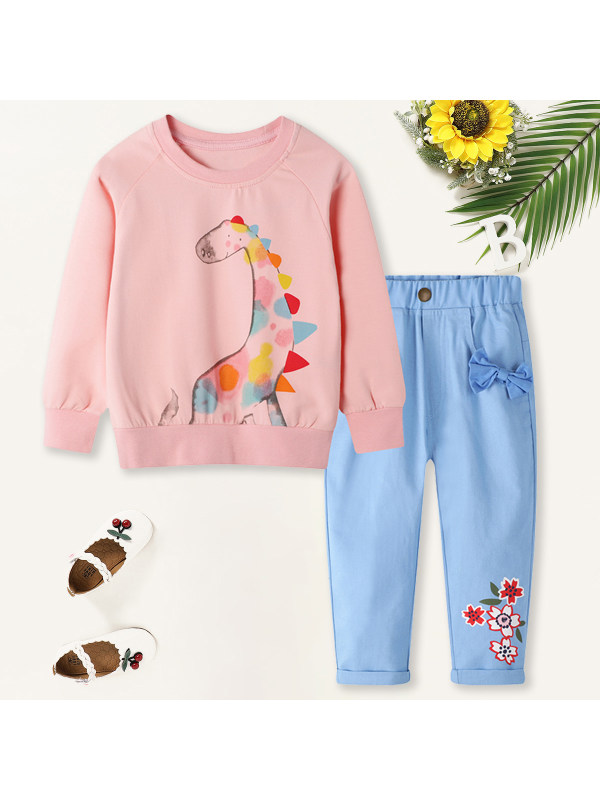 【18M-7Y】Girls Sweet Dinosaur Pattern Sweatshirt Pants Set