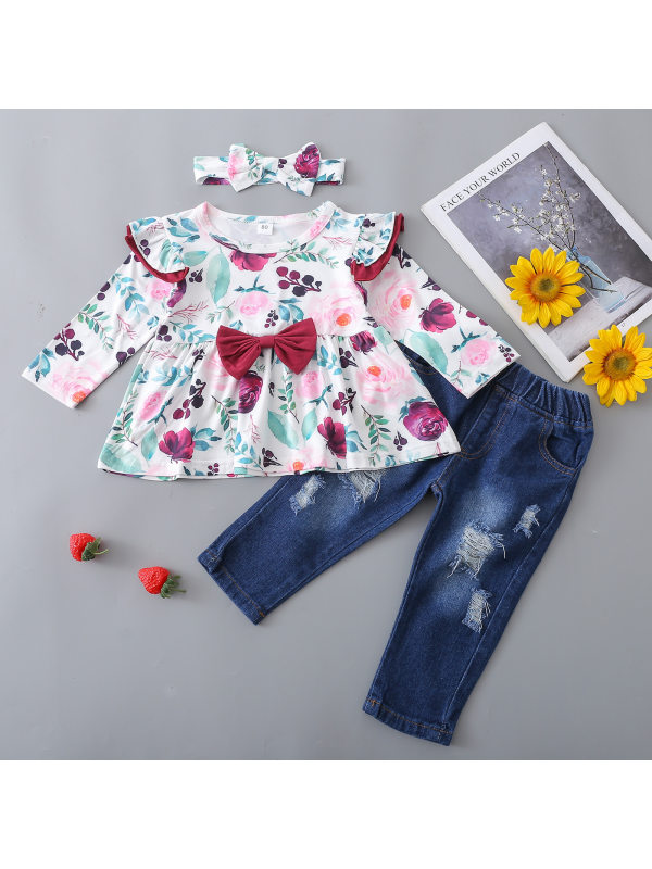 【12M-5Y】Girls 3-piece Floral Print Ruffled Long Sleeve Top And Ripped Denim Pants Set With Headband